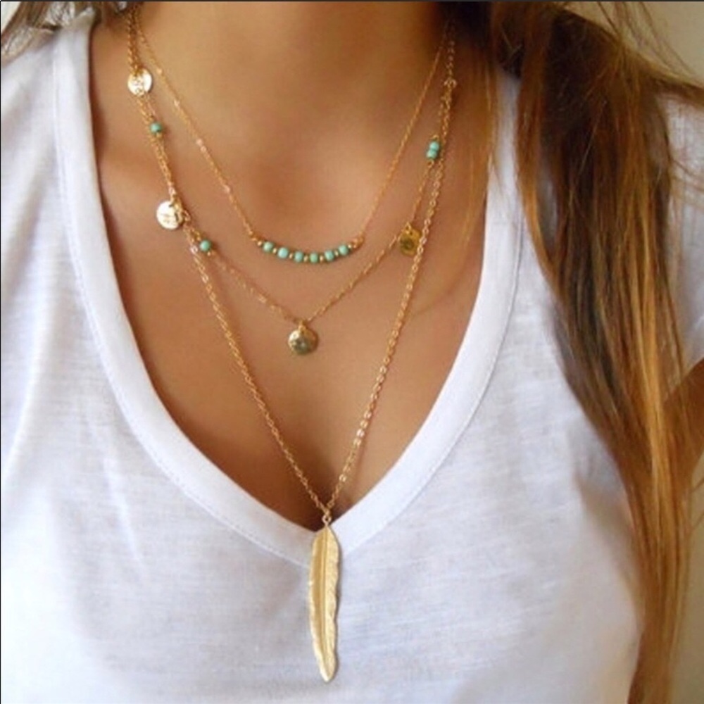 NEW! Boho Turquoise Gold Feather Layered Necklace